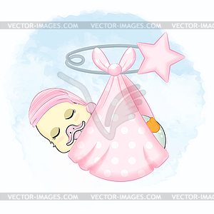 Cute Newborn Duck sleeping in pink blanket - vector clip art