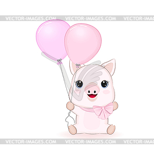 Cute Little Pig and balloons, cartoon - vector clipart