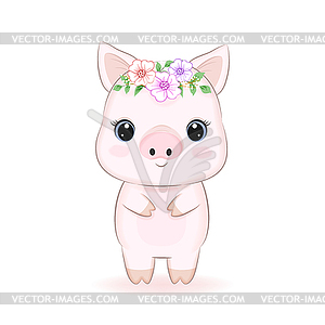 Cute Little Pig with flora, cartoon - vector image