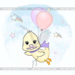 Cute Duck with balloons on sky - vector clipart