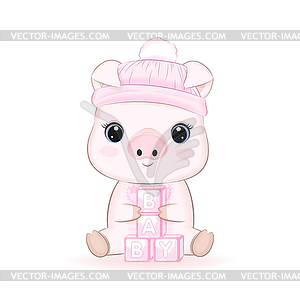 Cute Pig and baby blocks cartoon - vector clipart