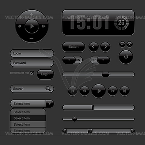 Dark Web UI Elements. Buttons, Switches, bars - vector image