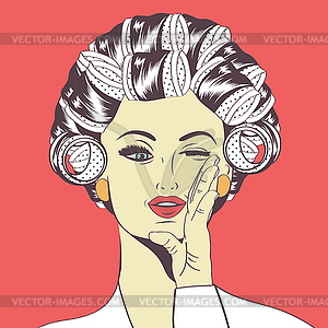 Woman with curlers in their hair - vector image