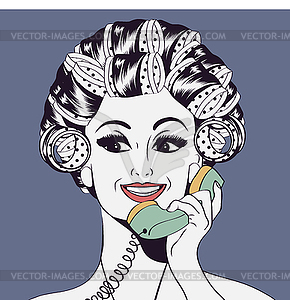 Женщина с бигуди волосы в своем говорим на телефон - изображение в формате EPS