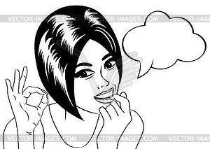 Поп-арт ретро женщина мило в стиле комиксов в черном - векторизованный клипарт