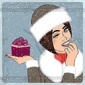 Elegant young and happy woman in winter, retro - vector clipart