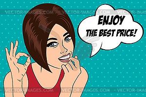 Cute retro woman in comics style with message - stock vector clipart