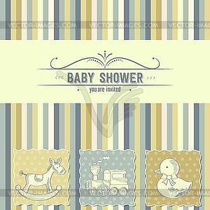 Baby shower card with retro toys - vector image