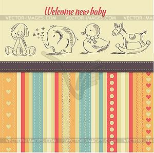 New baby announcement card with retro toys - vector image