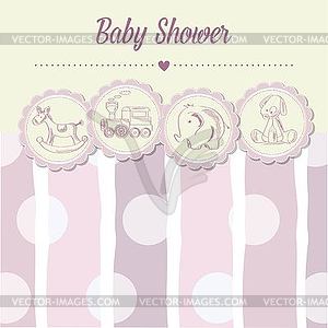Baby girl shower card with retro toys - vector clip art