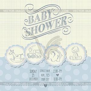 Baby boy shower card with retro toys - vector image