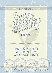 Baby boy shower card with retro toys - vector image