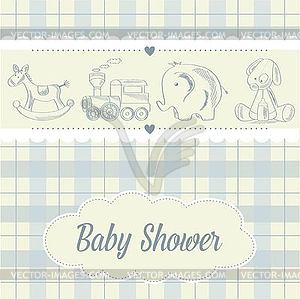 Baby boy shower card with retro toys - vector clipart