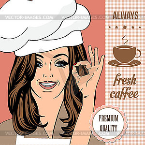 Coffee advertising banner with beautiful lady - vector clip art