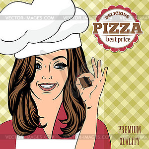 Pizza advertising banner with beautiful lady - vector image