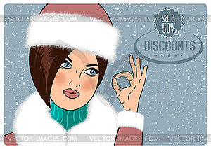 Sexy, beautiful woman in winter announcing sale - vector image