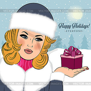 Sexy, beautiful woman in winter wishing Happy - vector clipart