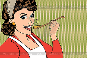 Pop art retro woman with apron tasting her food - color vector clipart