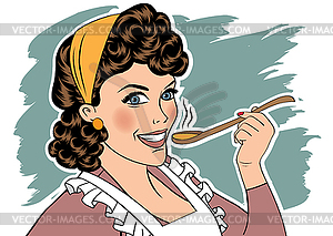 Pop art retro woman with apron tasting her food - vector clipart