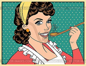 Pop art retro woman with apron tasting her food - vector clipart / vector image