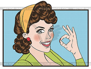 Pop art cute retro woman in comics style with OK - vector image