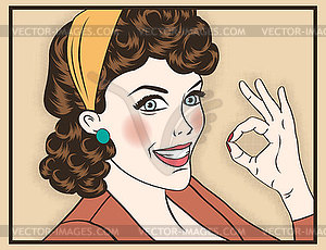 Pop art cute retro woman in comics style with OK - vector image