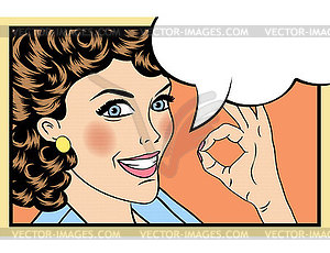 Pop art cute retro woman in comics style with OK - vector clipart