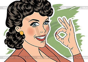 Pop art cute retro woman in comics style with OK - vector image