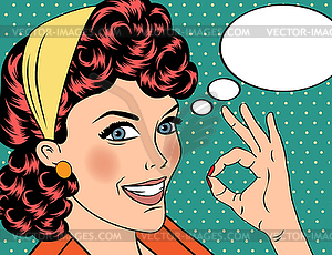 Pop art cute retro woman in comics style with OK - vector EPS clipart