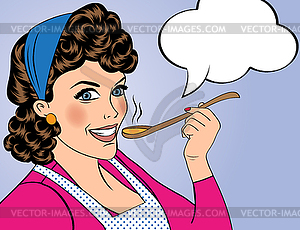 Pop art retro woman with apron tasting her food - vector image