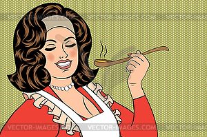 Pop art retro woman with apron tasting her food - vector clip art