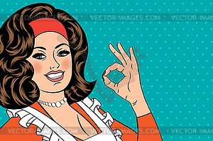 Pop art cute retro woman in comics style with OK - royalty-free vector clipart