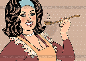 Pop art retro woman with apron tasting her food - vector clipart / vector image