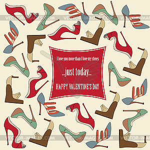 Valentine`s Day card with shoes and funny message - vector clipart