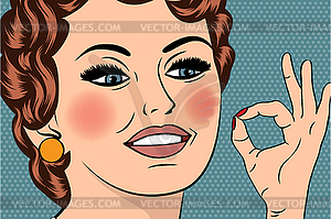 Pop art cute retro woman in comics style with OK - vector image