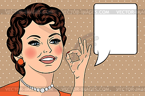 Pop art cute retro woman in comics style with OK - vector clipart
