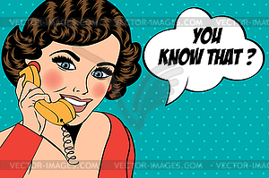 Sexy beautiful woman chatting on retro phone - vector clip art