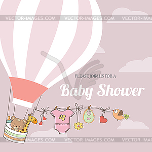 Baby girl shower card with hot air balloon - vector EPS clipart