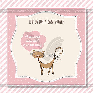 Baby girl shower card with little cat - vector image