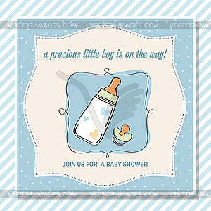 Baby boy shower card with milk bottle and pacifier - vector clip art