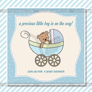 Baby boy shower card with stroller and teddy bear - vector clipart