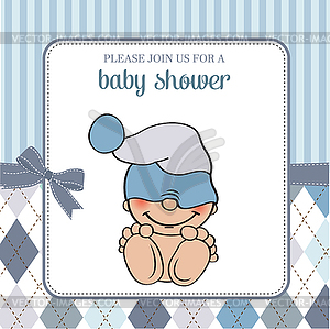 Baby boy shower card with funny little baby - vector clipart