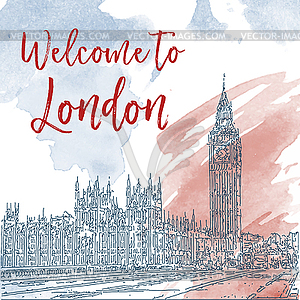 Ink line sketch of London. Watercolor background - vector EPS clipart