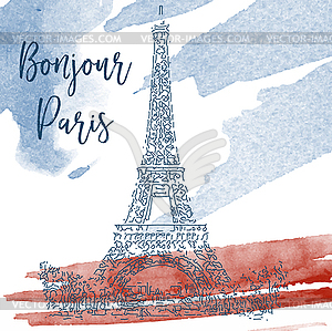 Ink line sketch of Paris. Watercolor background - vector clip art