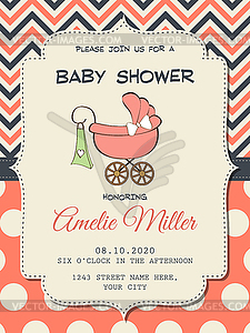 Beautiful baby girl shower card with stroller - vector image
