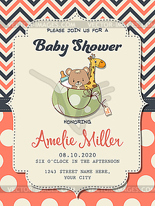 Beautiful baby girl shower card with toys - vector clipart