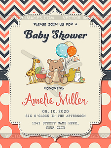 Beautiful baby girl shower card with toys - vector clipart