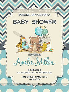 Beautiful baby boy shower card with toys - color vector clipart