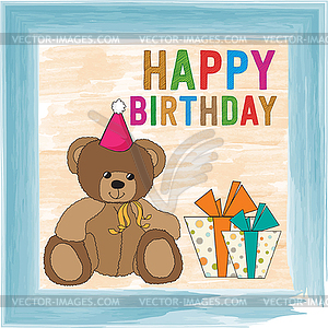 Childish birthday card with teddy bear - vector image