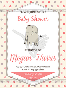 Delicate baby girl shower card with little elephant - vector image